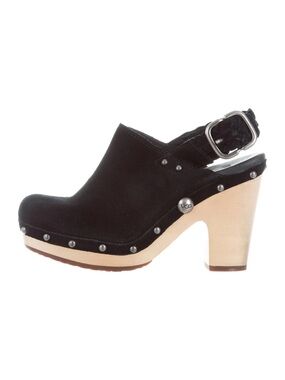 UGG Black Suede Studded Clog Heels with Braided Ankle Strap size 8